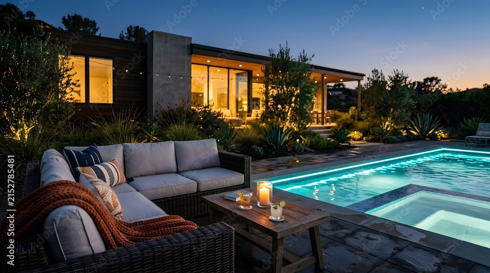 Fototapeta premium Modern luxury home exterior with illuminated swimming pool at twilight