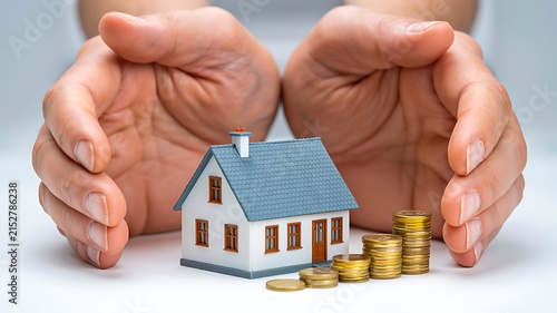 Hands protecting a house model with coins symbolizing home insurance savings security and financial protection