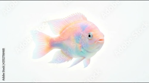 Pastel rainbow fish swimming on white background.