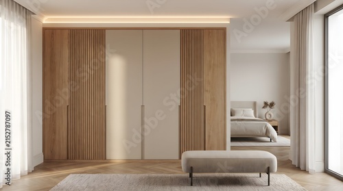  Modern built-in wardrobe with minimalist closed doors and elegant bedroom interior