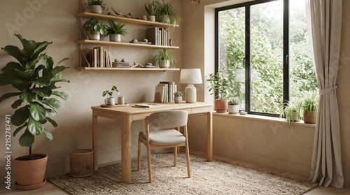 Eco-friendly modern study room with natural wood furniture and indoor plants