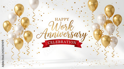 Gold and white balloons confetti celebration banner