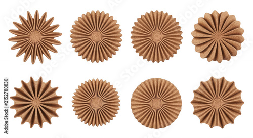 eight brown pleated paper decorations isolated on white displaying radial pattern possibly for craft design or background use