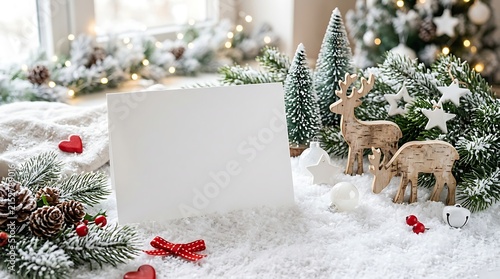 Blank Christmas Greeting Card Mockup Standing on Snow with Wooden Reindeer, Snow-Covered Fir Trees, Pinecones, Stars, and Fairy Lights