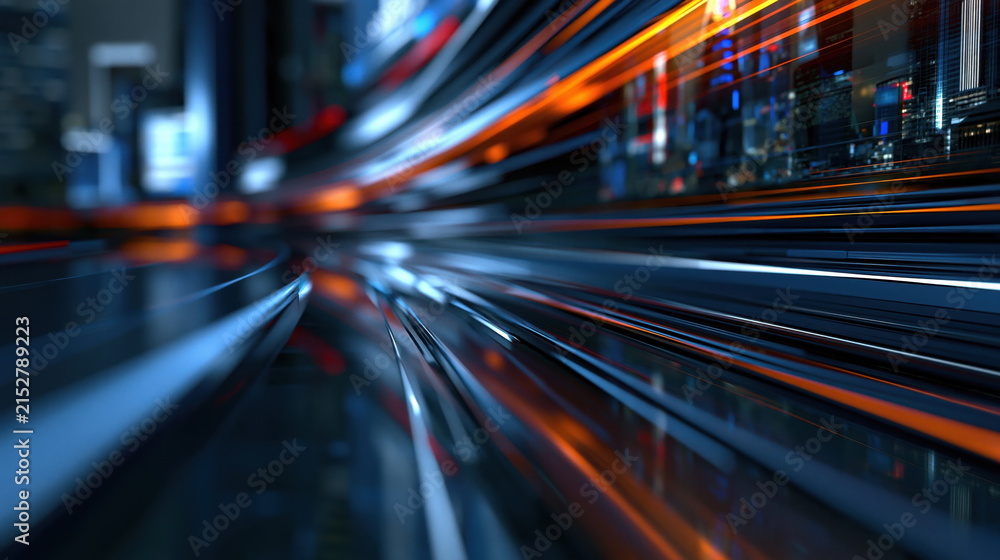 Fototapeta premium Abstract motion light streaks in dark futuristic tunnel with blue orange glow and blurred speed effect for dynamic technology background