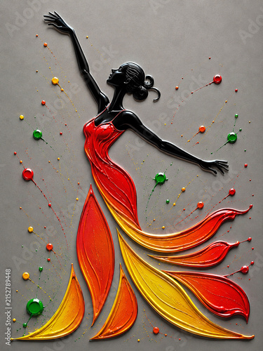 Abstract Ballet Woman in Vibrant Red Gold and Black Paint