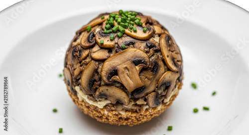 close-up of a mushroom tart on a white plate served in a restaurant with a blurred background food blogs