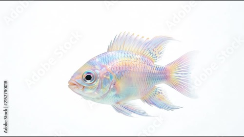 Pastel rainbow goldfish swimming on white background.