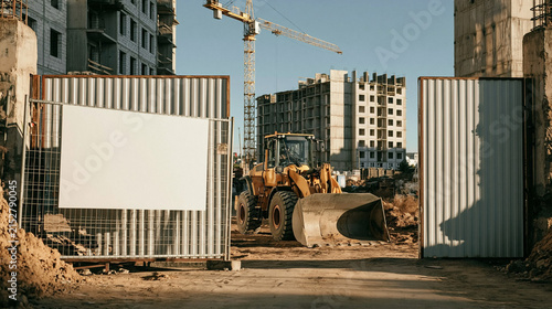 Construction Site Gateway: A robust yellow front loader stands ready at a sprawling construction site, framed by an open gateway and incomplete buildings, symbolizing progress and development.