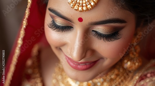 Elegant Close up Portrait of a Beautiful Indian Bride with Traditional Makeup and Golden Jewelry