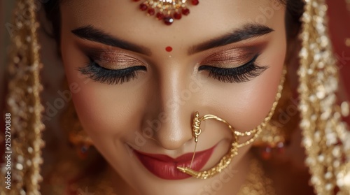 Close-up Portrait of a Beautiful Indian Bride with Traditional Gold Jewelry and Elegant Bridal Makeup