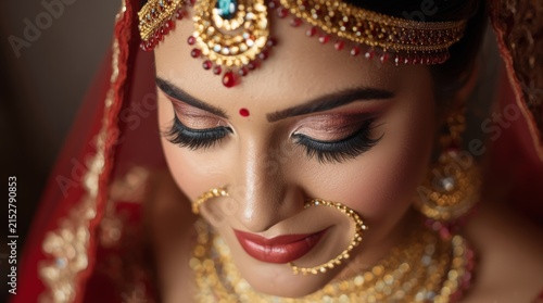 Close-up Portrait of a Beautiful Indian Bride in Traditional Red Wedding Attire with Gold Jewelry