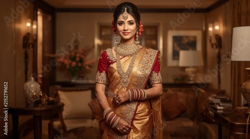 Elegant Indian Bride in Traditional Gold and Red Saree with Heavy Jewelry and Henna Patterns