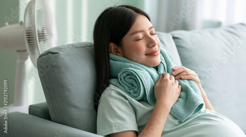 Cooling Down in the Heat: A young woman relaxes on a sofa, using a damp towel and fan to combat the summer heat, finding relief and comfort in her home.