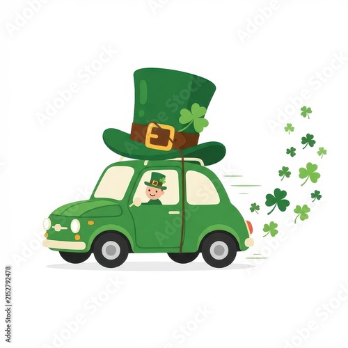 Leprechaun driving green car with giant hat on white background