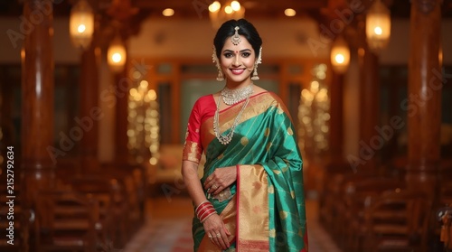 Elegant Indian Woman in Traditional Green and Gold Silk Saree Wearing Heavy Jewelry for Wedding