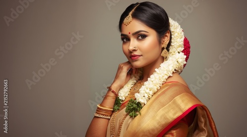 Beautiful Indian Bride in Traditional Golden Silk Saree with Elegant Gold Jewelry and Jasmine Gajra