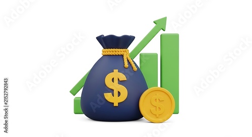 Dark blue money bag with yellow dollar sign and green rising bar chart graph isolated on a white background, for financial growth concepts
