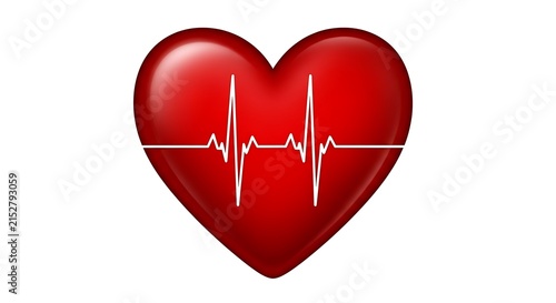 A glossy red heart shape with a white ekg line running across the center, representing health, love, and medical monitoring, on white
