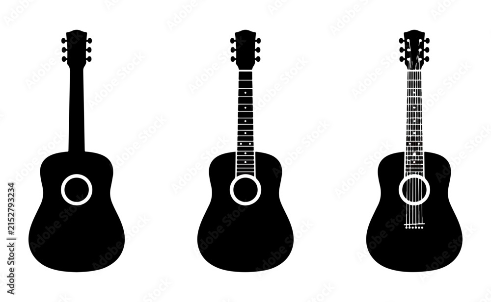 Obraz premium Three different acoustic guitar silhouettes in a row with acoustic, instrument