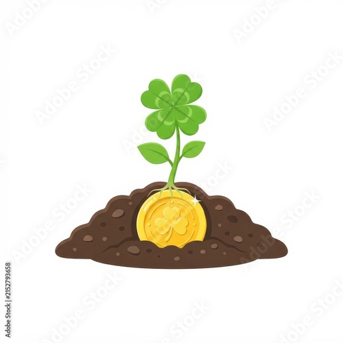 Four leaf clover growing from gold coin isolated on white