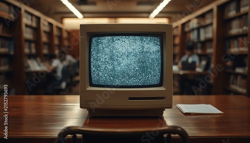 Vintage beige desktop computer monitor displaying static noise on screen sits centered on a polished wooden library table surrounded by blurred bookshelves creating a nostalgic atmosphere of retro