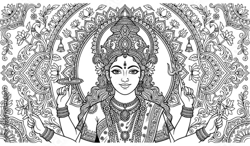 Картината върху платно Hindu Goddess Durga serene black and white ornamental line art vector portrait f
