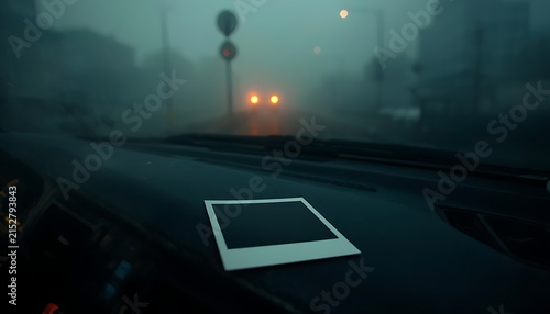 Blank white polaroid frame sits upon dark car dashboard during heavy twilight fog with glowing distant orange traffic lights illuminating the gloomy rainy road ahead in this moody cinematic scene