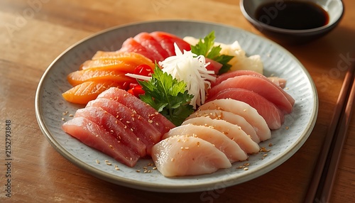 Fresh sashimi platter featuring assorted slices of premium raw tuna salmon and white fish garnished with crisp greens and white daikon radish served on a textured ceramic plate for dining