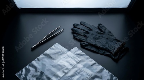Surgical tweezers resting beside black nitrile protective gloves and transparent plastic sample bags on a dark professional laboratory table surface captured with soft overhead lighting in a clinical 