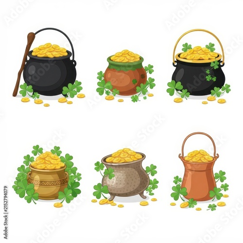 St Patricks Day pots of gold isolated on transparent background