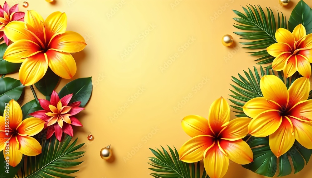 Obraz premium Colorful hibiscus and tropical leaves on golden background