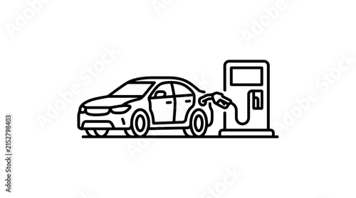 A simple black and white line art illustration of a car refueling at a gas station pump