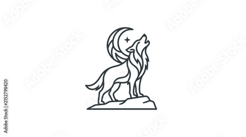 A minimalist line art illustration of a wild canine howling at a crescent moon