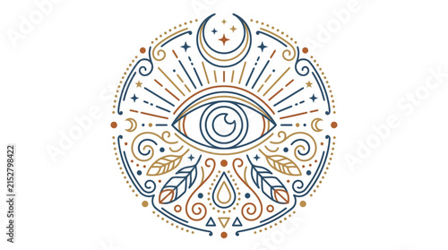A circular mystical emblem featuring a central eye and celestial elements in a minimalist line art style