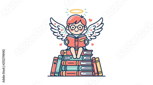 A cute cartoon angel with glasses reads a book while sitting on a stack of colorful books
