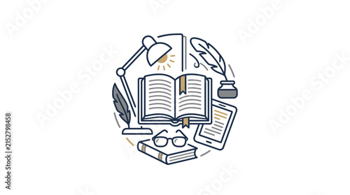 A circular illustration featuring various educational and literary items arranged in a clean style