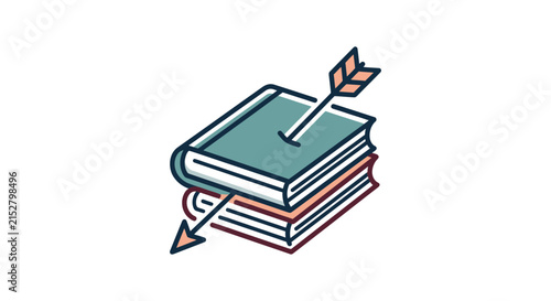 A stylized illustration of a stack of books pierced by a sharp arrow