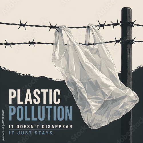 Plastic pollution concept with disposable plastic bag trapped on barbed wire fence, environmental waste, ocean pollution and sustainability awareness