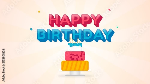 Happy Birthday animation featuring a colorful layered cake and falling confetti on a bright sunburst background
