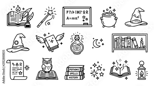 Bild auf Leinwand Magic Icons Set: Book, Wand, Cauldron, Hat, Potions, Owl, Stars, Lamp