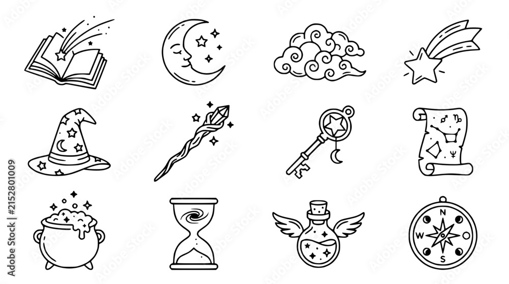 Fototapeta premium Magical Elements Collection: Wizard Hat, Wand, Potion, Spellbook, Stars, Moon, Compass