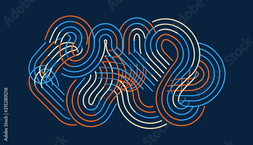 Abstract swirling lines pattern with orange, blue, and white colors on dark blue background