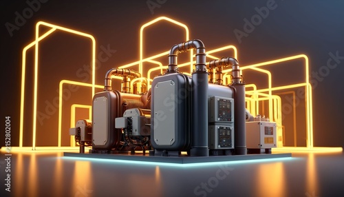 Industrial energy plant surrounded by glowing smart grid connections