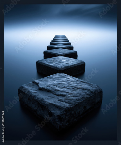 Minimalist stone path long exposure blue tone abstract composition perspective view calm water dark rock geometric shape soft light fine art photography