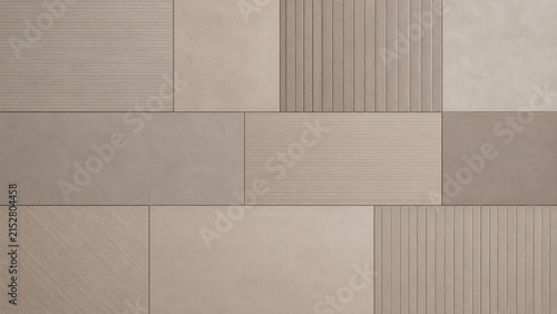 Geometric Harmony: A seamless pattern of contemporary beige tiles, featuring a mix of smooth finishes and subtle ribbed textures, creates a modern and sophisticated wall surface.