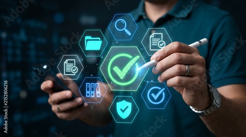 Quality assurance checklist concept, businessman managing digital compliance standards, document control and security verification