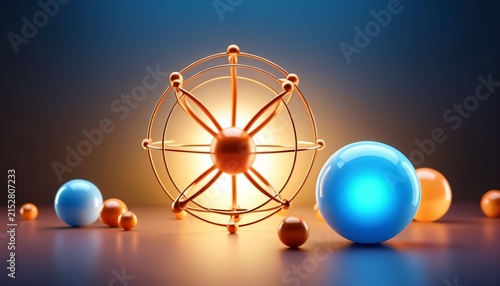 Scientific atomic wheel model with glowing energy spheres