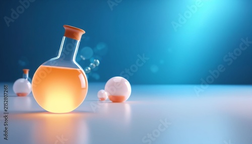 Glowing orange laboratory flask on clean scientific background