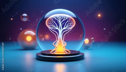 Glowing brain tree concept inside futuristic science sphere
